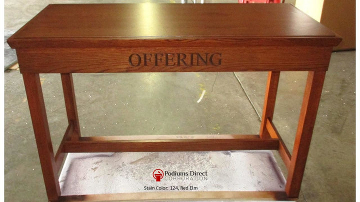 Offering Table with Storage Drawer and Inscription TOT-448 -Front 124 Red Elm-Tithe Boxes, Baptismal Font, Flower Stands, and Offering Tables -Podiums Direct