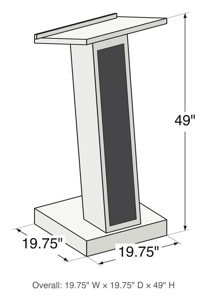 Oklahoma Sound ZED lectern dimensions drawing: 19.75" wide, 19.75" deep, 49" high