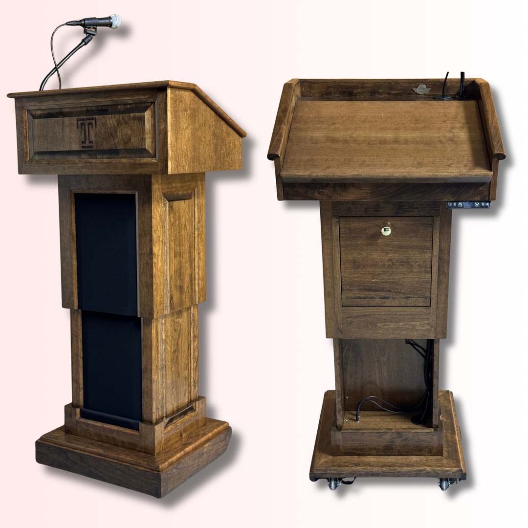 Counselor Evolution Lift electric height-adjustable podium with built-in sound system and microphone