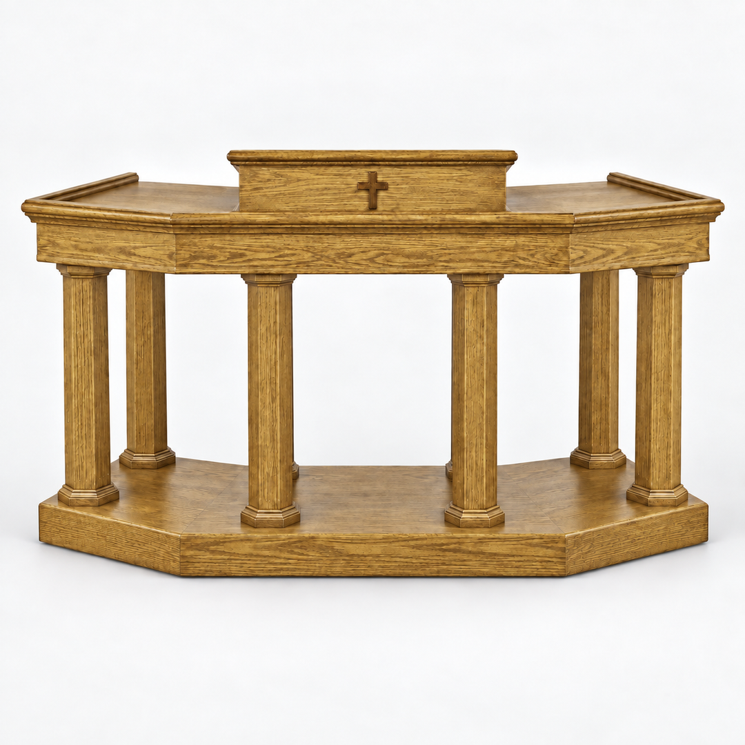 Custom No. 4 solid oak column pulpit — Pecan 