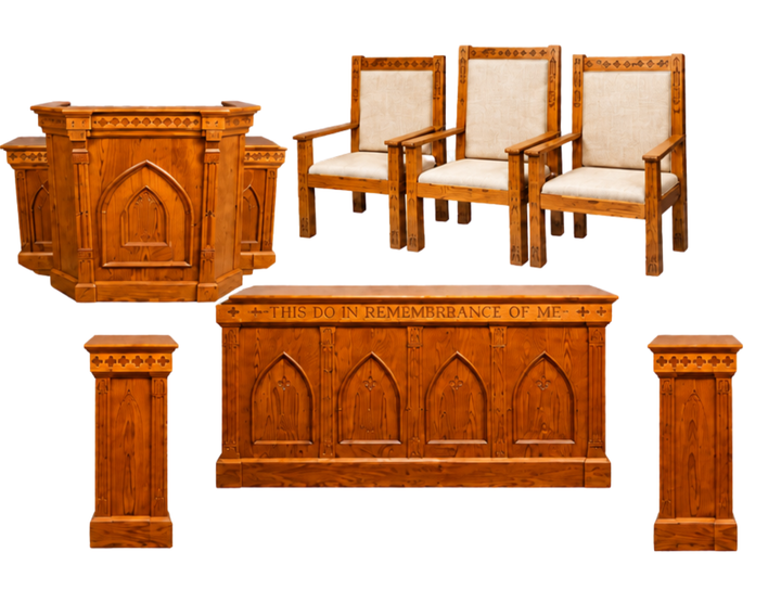 Solid Oak Gothic Arch Pulpit Set, 7 Pieces: NO 900W