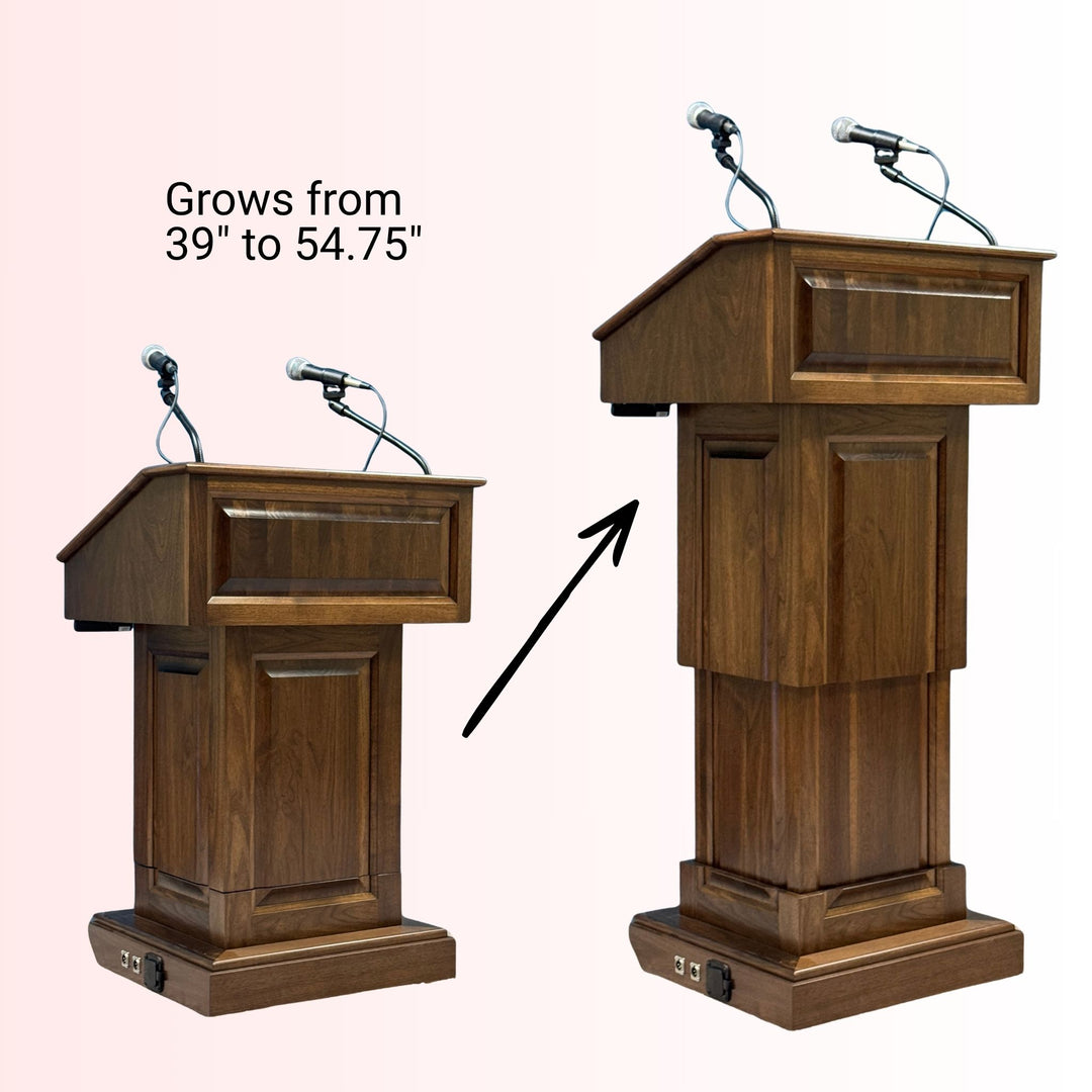 Wooden lectern with adjustable height feature on a white background