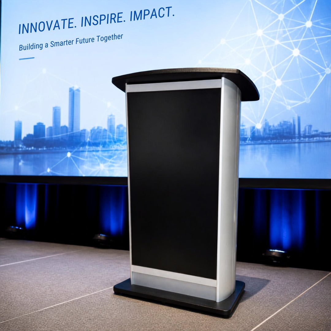 Digital display lectern H2W with built-in 43 inch screen on a conference stage