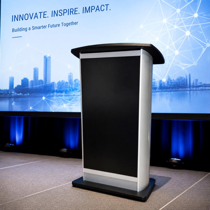 Digital display lectern H2W with built-in 43 inch screen on a conference stage