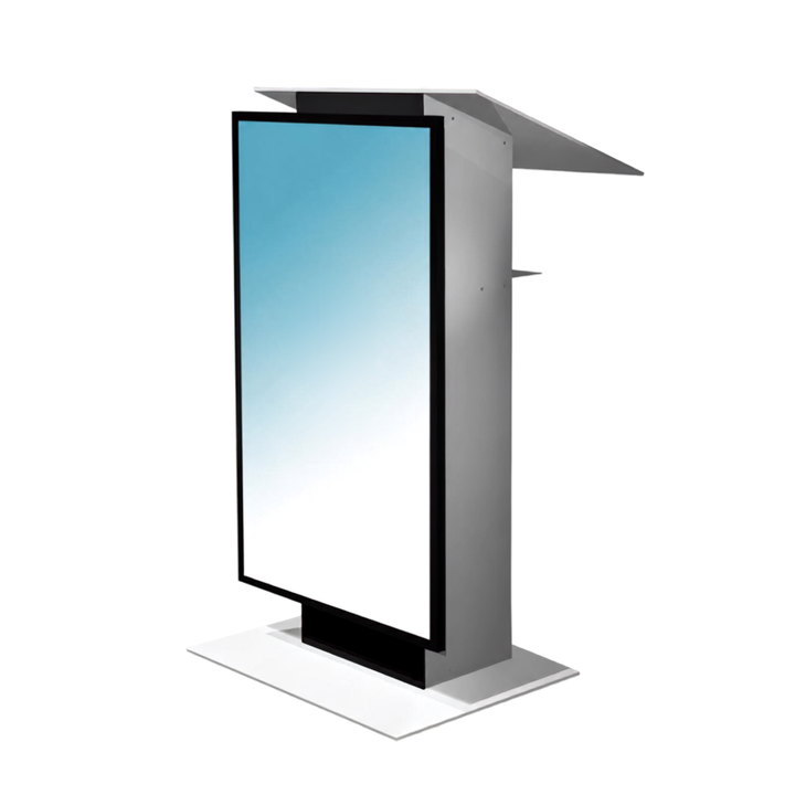 A modern freestanding kiosk or digital display stand with a large vertical screen, angled top platform, and white base, shown on a plain white background.