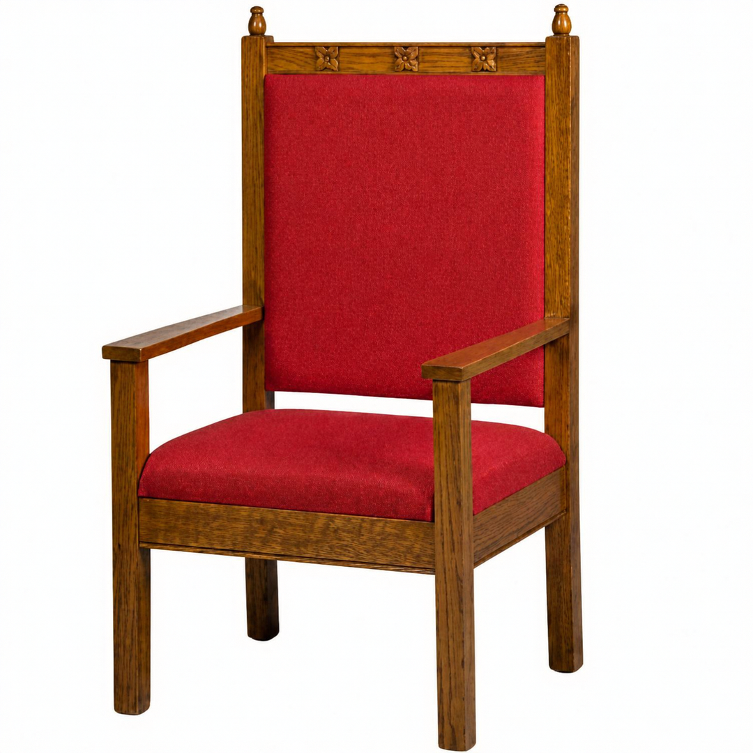 NO 200 rosette carved clergy chair: single chair, front angle, red fabric, oak stain