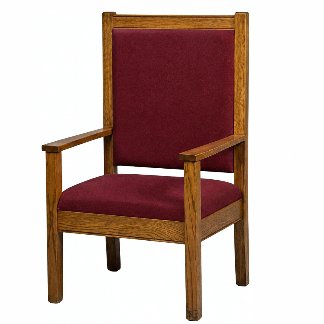 NO 400 straight top clergy chair: single chair, front angle, burgundy fabric, oak stain