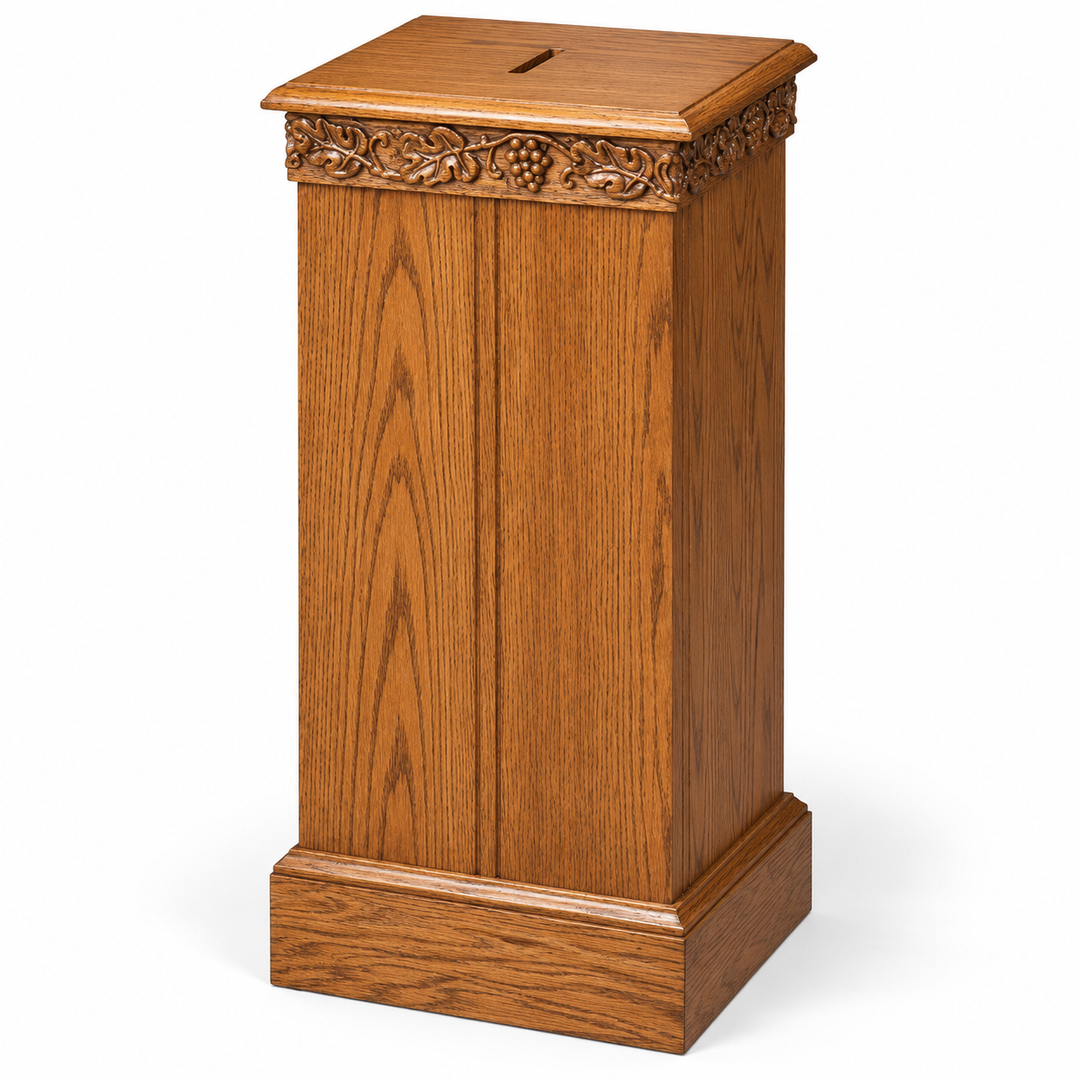 NO 50 solid oak grapevine carved tithe and prayer box — Medium Oak #43