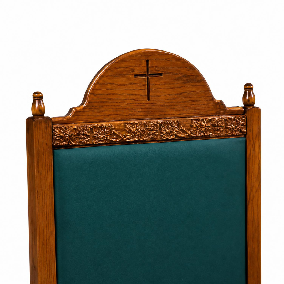 NO 500 grapevine carved clergy chair: close-up of the optional crown back above the carved grape and leaf rail