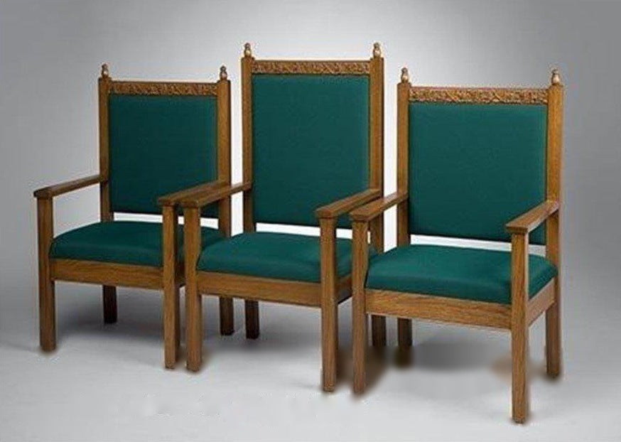 NO 500 grapevine carved clergy chair: set of three, two side chairs and one center chair, green fabric