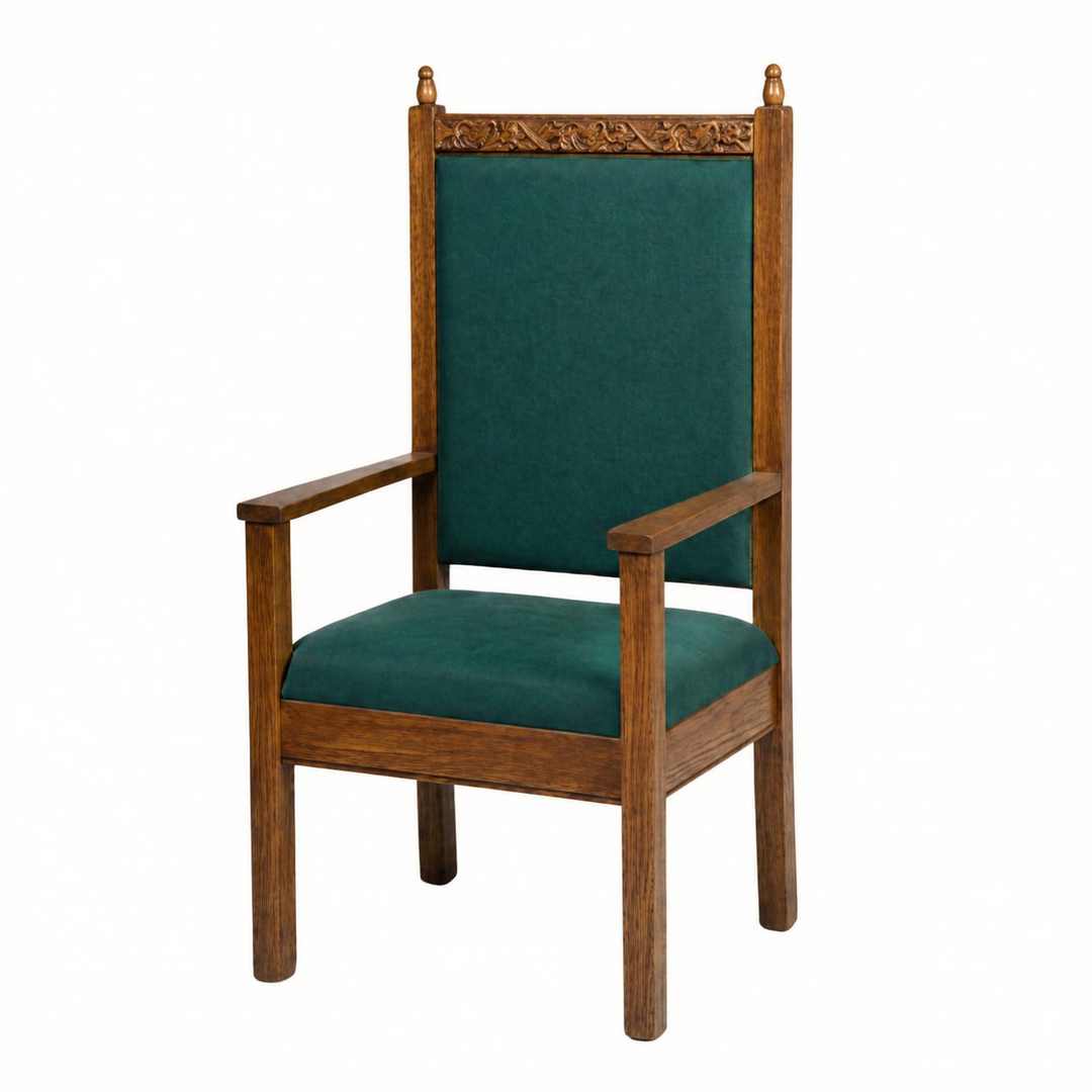 NO 500 grapevine carved clergy chair: single chair, front angle, green fabric, carved grape and leaf top rail