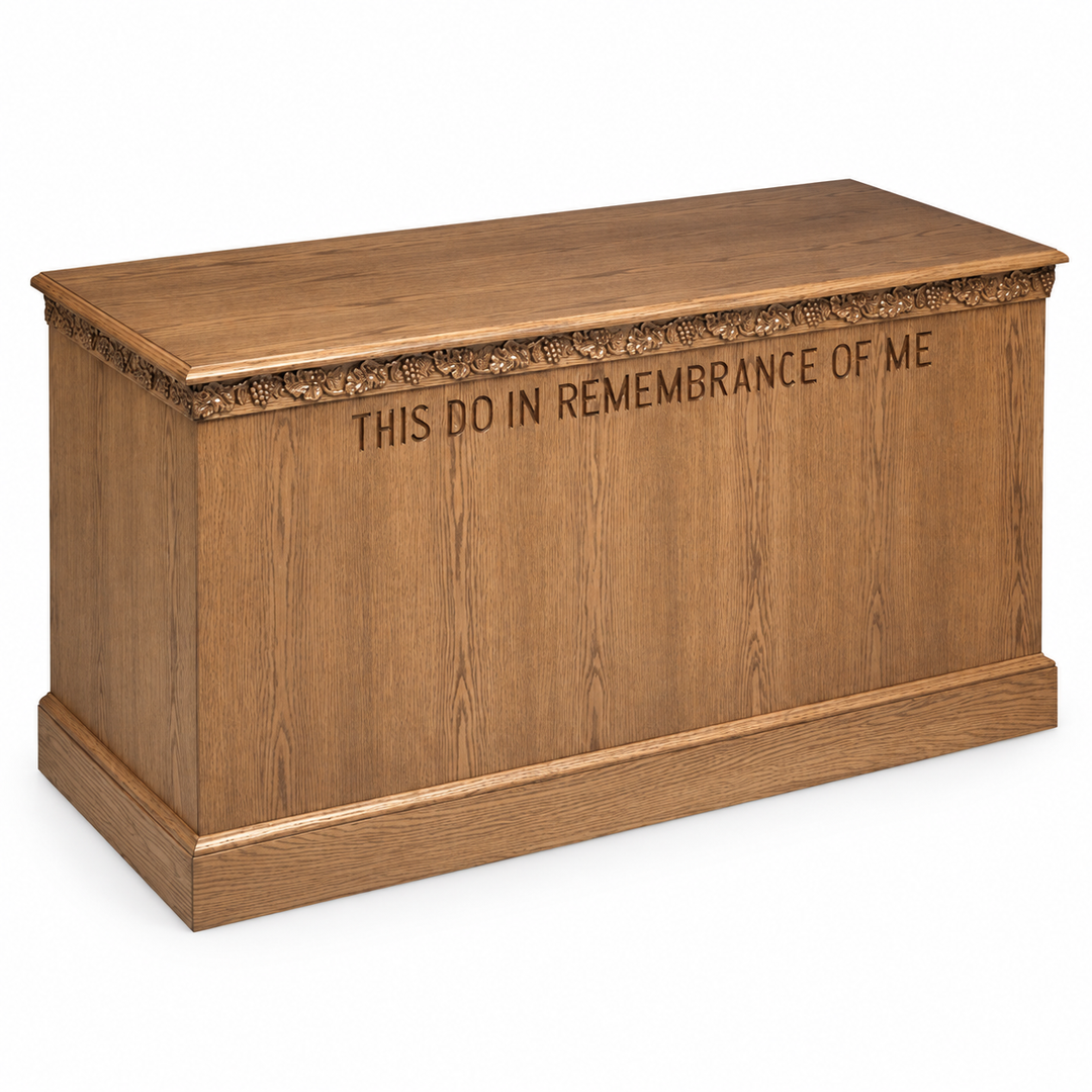 NO 500 solid oak grapevine carved closed communion table — Medium Oak #43