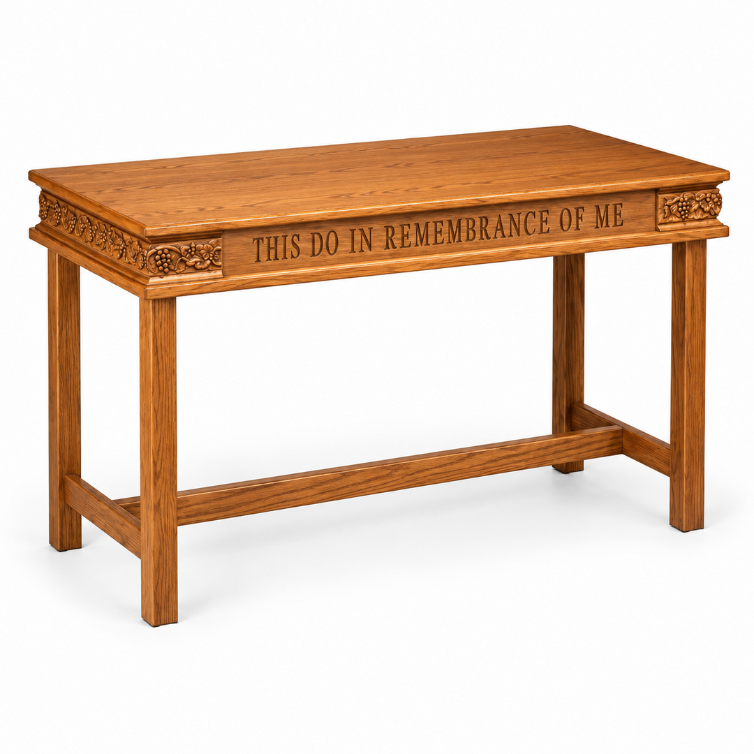 NO 505 solid oak grapevine-carved open communion table — Medium Oak #43