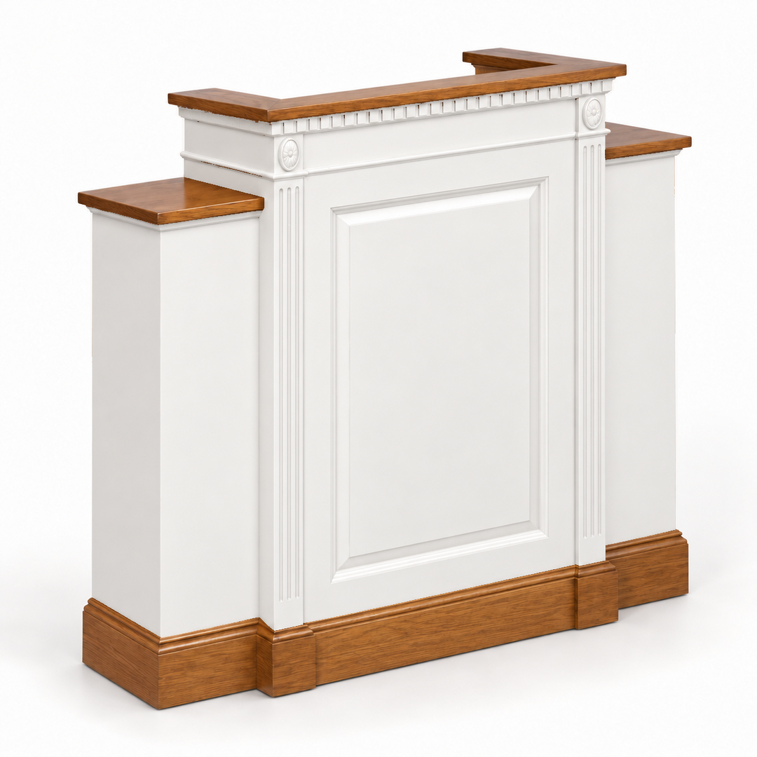 NO 820W colonial dentil wing pulpit — Medium Oak #43 with white painted body