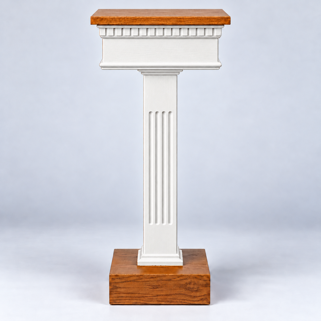 NO 8400F square column flower stand — Medium Oak #43 with white painted body