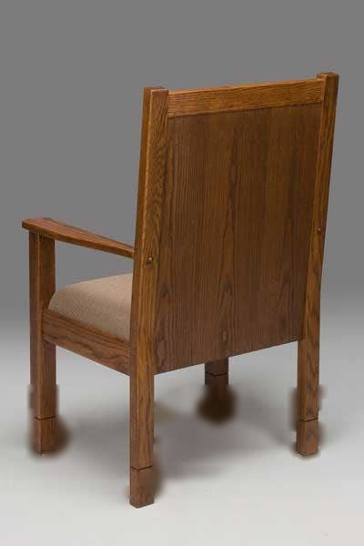 NO 900 dentil molding clergy chair: single chair, back view showing the solid oak back panel