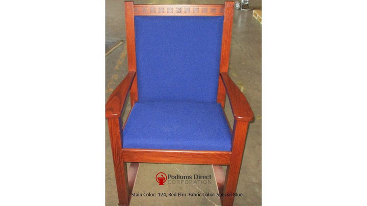 NO 900 dentil molding clergy chair: single chair, front view, 124 Red Elm stain, Special Blue fabric