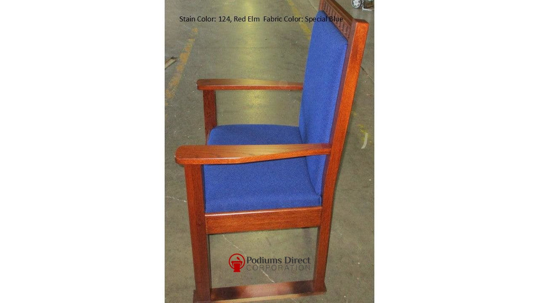 NO 900 dentil molding clergy chair: single chair, side view, 124 Red Elm stain, Special Blue fabric
