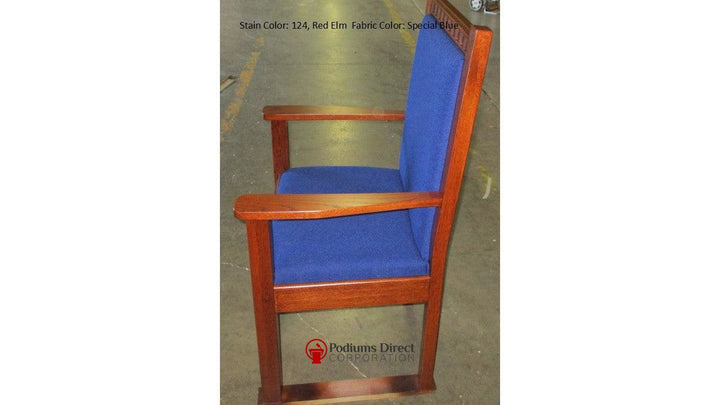 NO 900 dentil molding clergy chair: single chair, side view, 124 Red Elm stain, Special Blue fabric