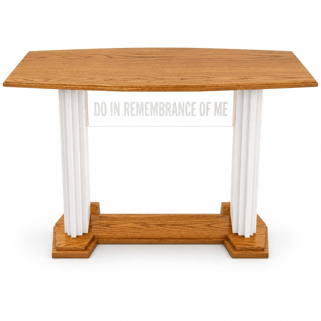 705 Proclaimer communion table in white with stained top and base, Medium Oak stain 43 #pdvariant