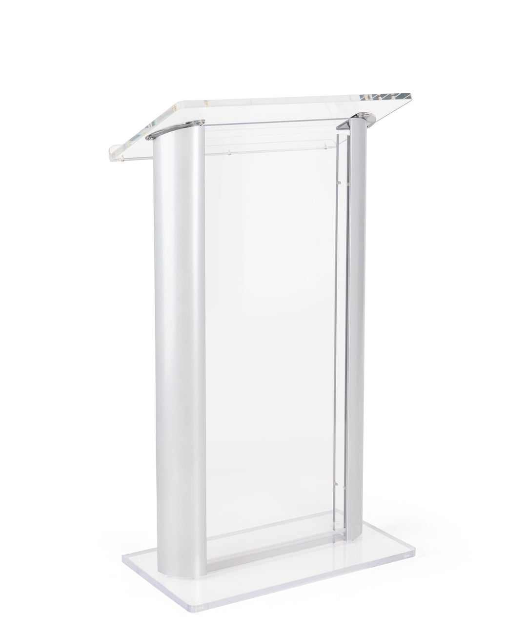 Acrylic and Aluminum Podium: Alumacrylic, clear acrylic with silver, front view