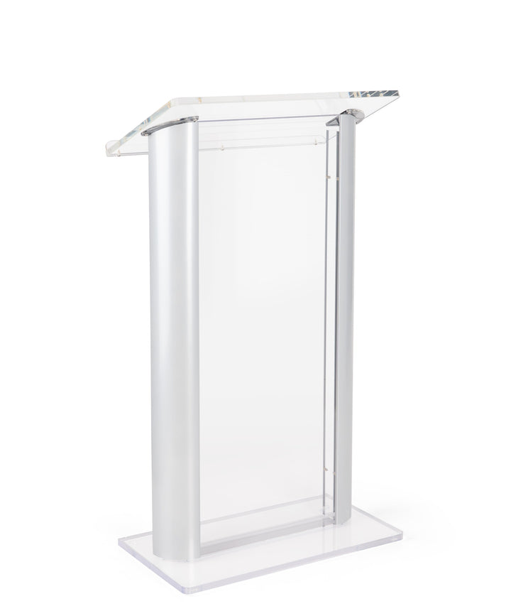 Acrylic and Aluminum Podium: Alumacrylic, clear acrylic with silver, front view