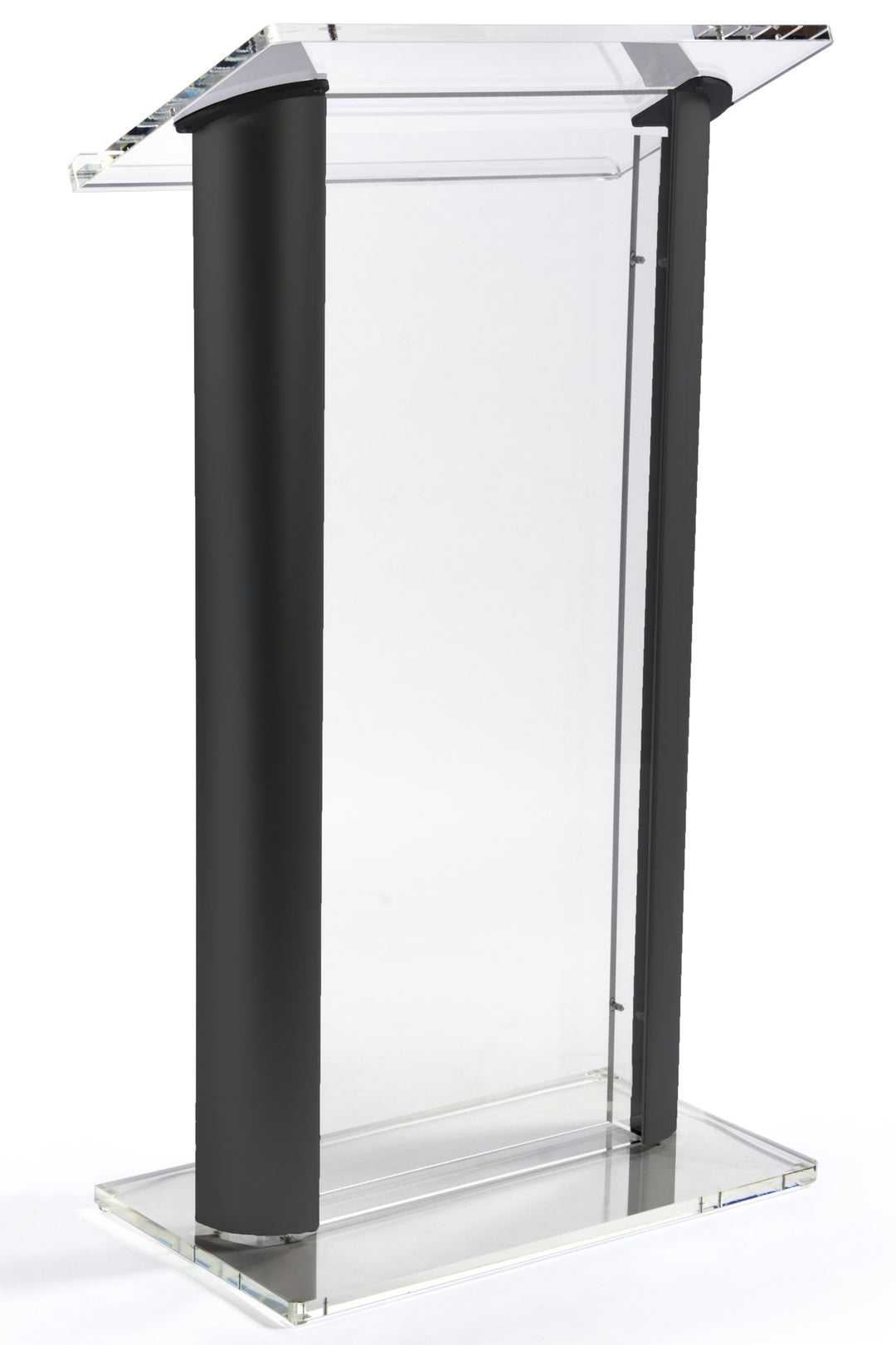 Acrylic and Aluminum Podium: Alumacrylic, clear acrylic with black, front view