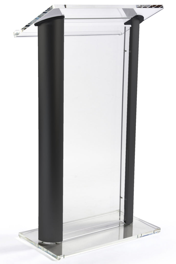 Acrylic and Aluminum Podium: Alumacrylic, clear acrylic with black, front view