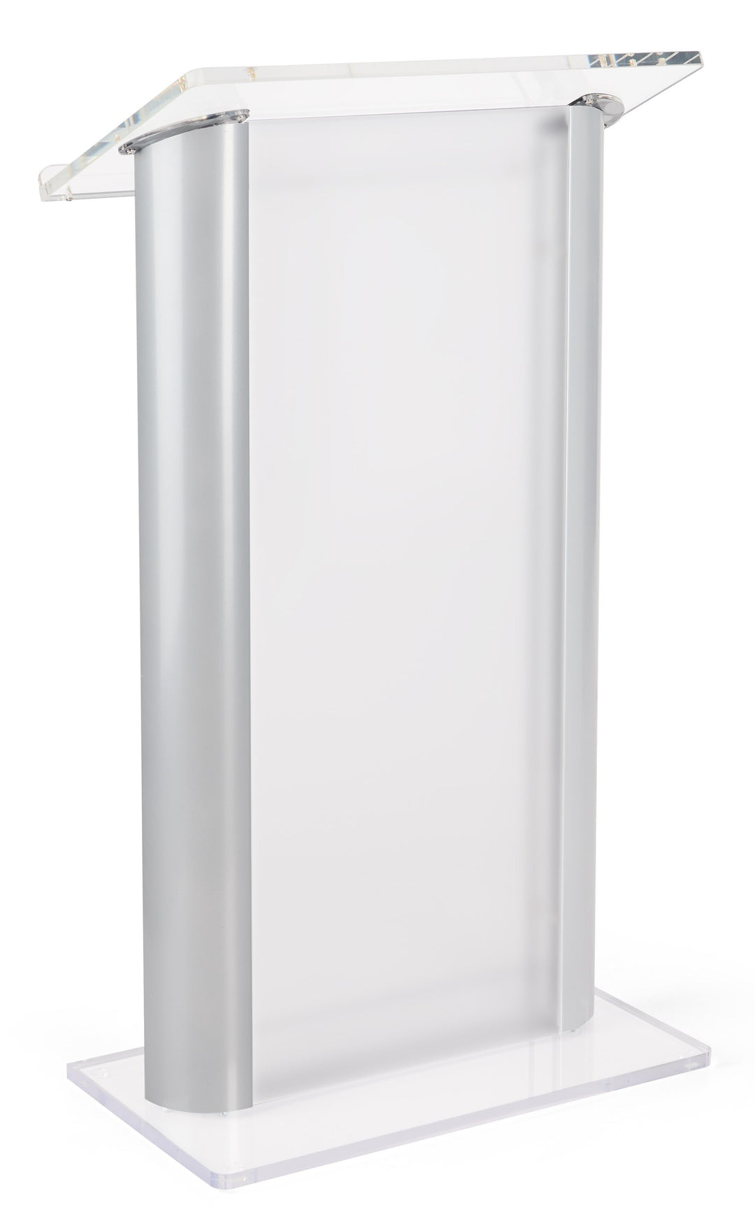 Acrylic and Aluminum Podium: Alumacrylic, frosted acrylic with silver, front view