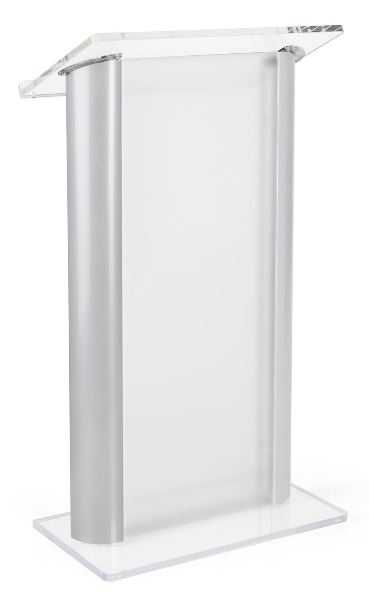 Acrylic and Aluminum Podium: Alumacrylic, frosted acrylic with silver, front view