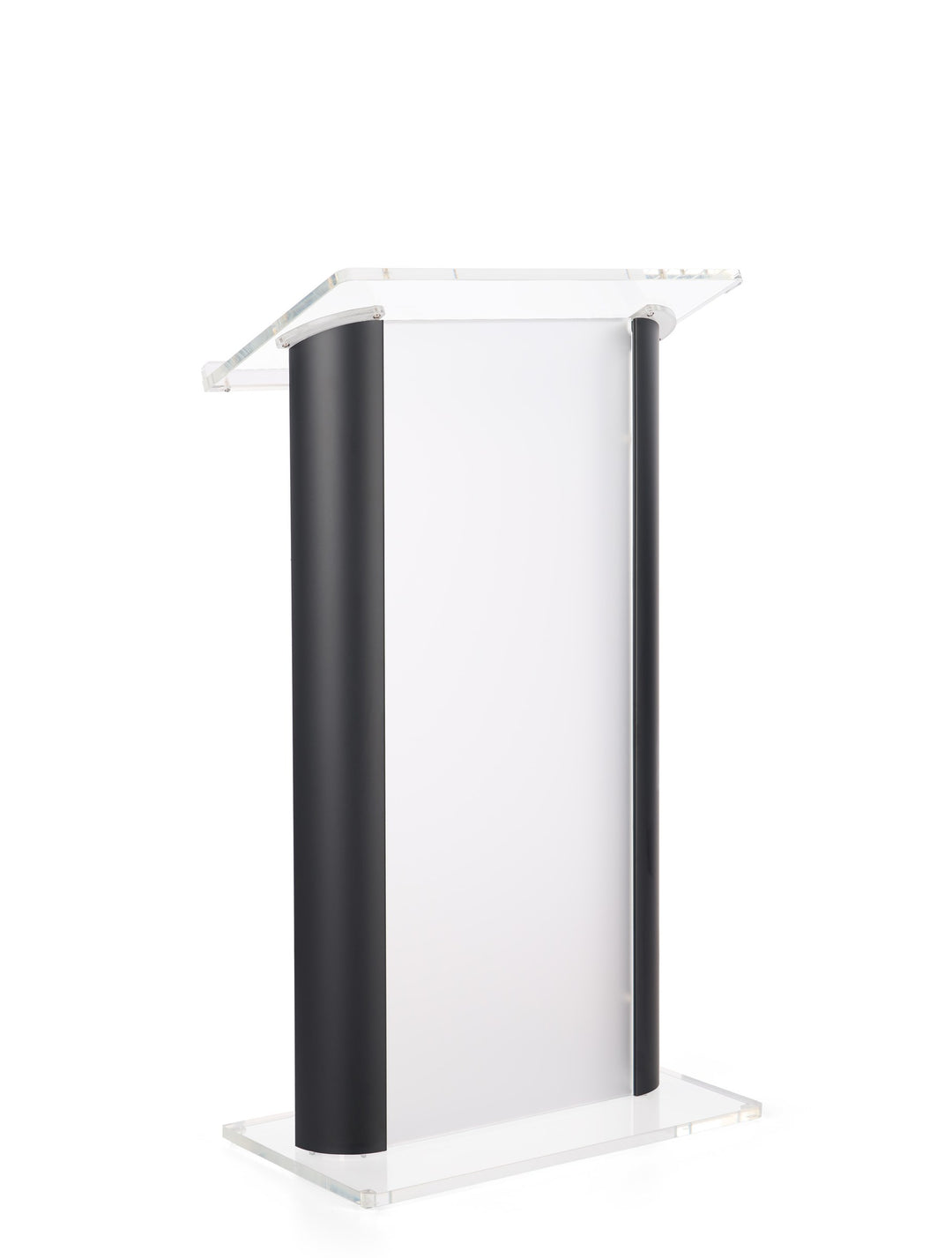 Acrylic and Aluminum Podium: Alumacrylic, frosted acrylic with black, front view