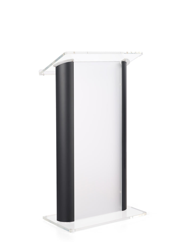 Acrylic and Aluminum Podium: Alumacrylic, frosted acrylic with black, front view