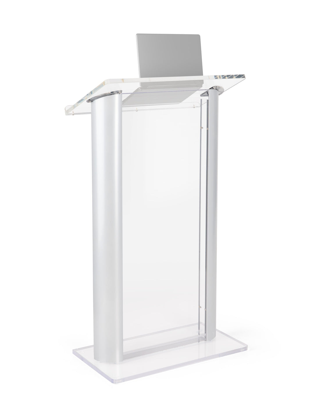 Acrylic and Aluminum Podium: Alumacrylic, clear acrylic with silver, with laptop
