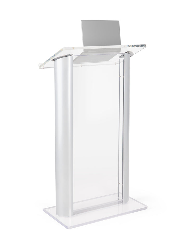 Acrylic and Aluminum Podium: Alumacrylic, clear acrylic with silver, with laptop