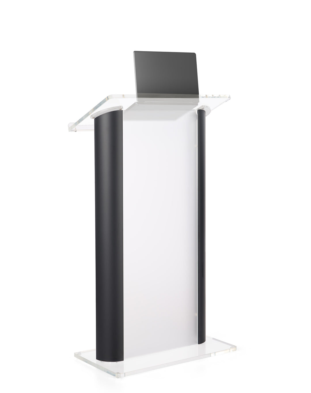 Acrylic and Aluminum Podium: Alumacrylic, frosted acrylic with black, with laptop