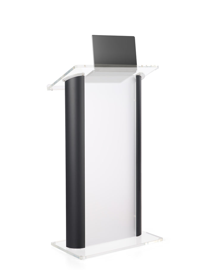 Acrylic and Aluminum Podium: Alumacrylic, frosted acrylic with black, with laptop