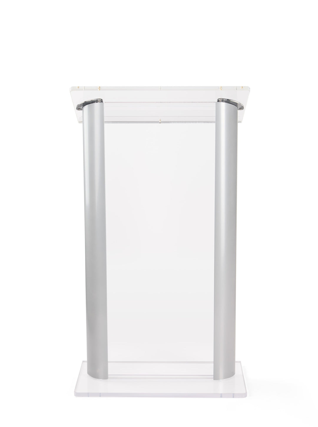 Acrylic and Aluminum Podium: Alumacrylic, clear with silver, straight on