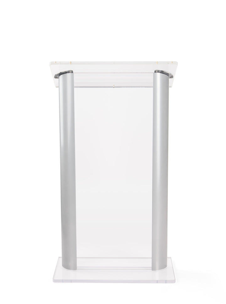 Acrylic and Aluminum Podium: Alumacrylic, clear with silver, straight on