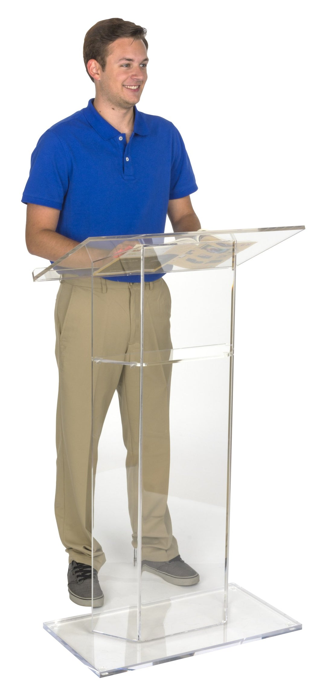 Clear Acrylic Lectern with Interior Shelf, in use