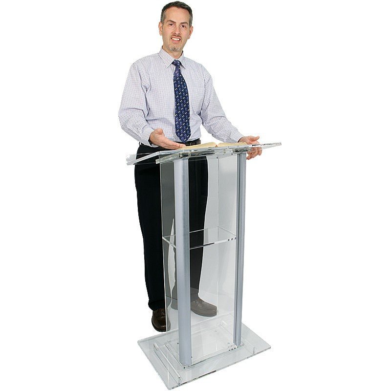 Clear Acrylic Podium with Silver Aluminum Side Supports, in use