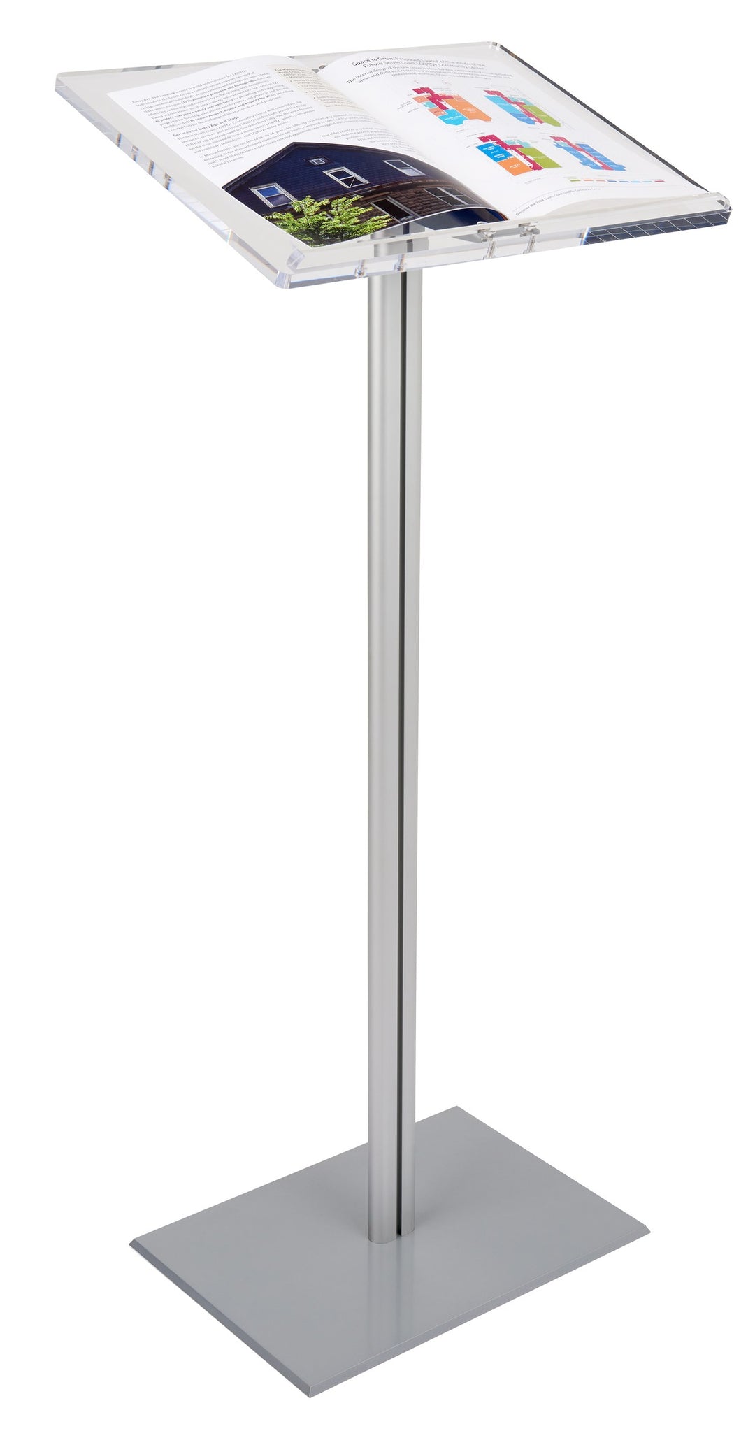 Acrylic-Top Lectern on Silver Aluminum Post, front view