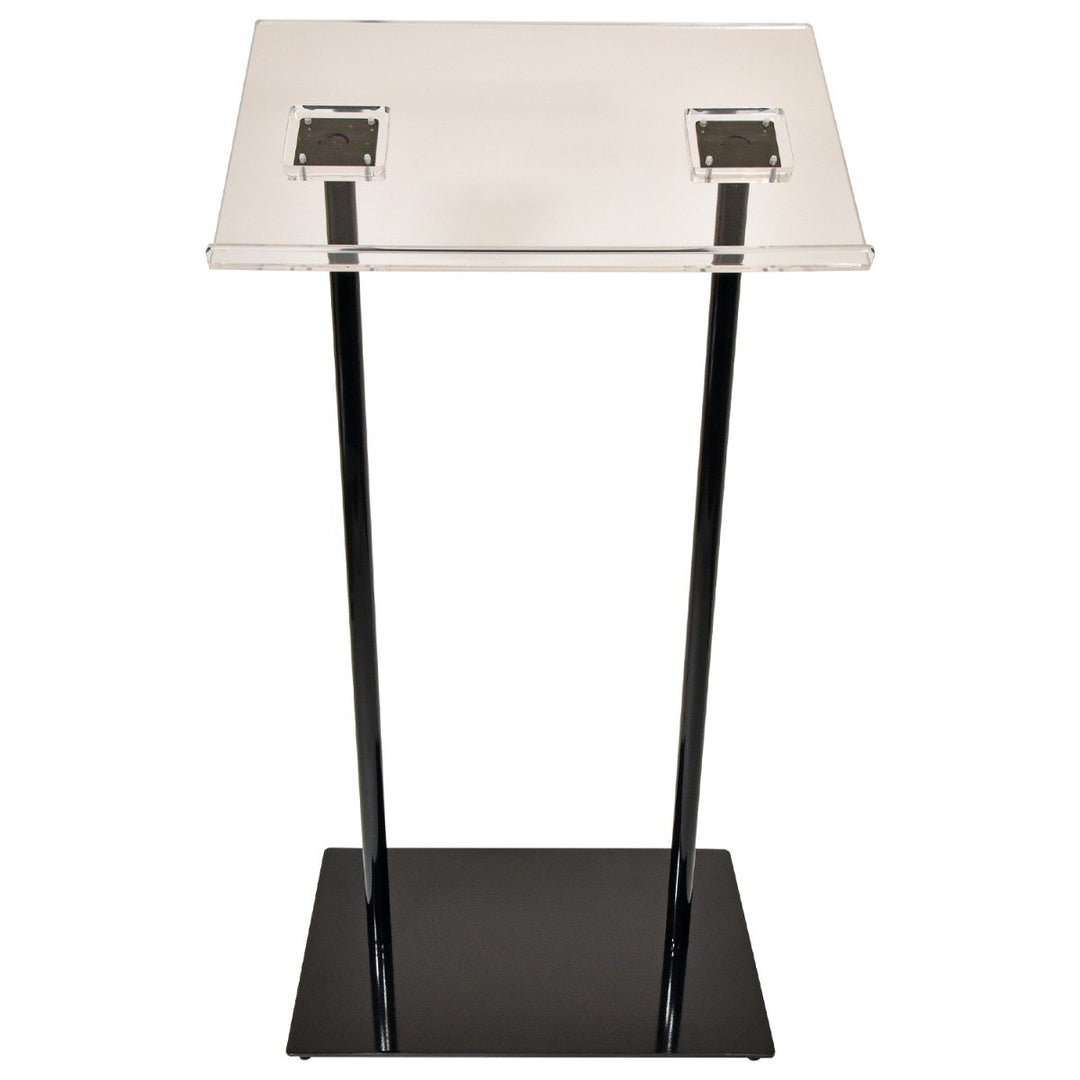 Acrylic-Top Podium on Double Black Columns, front view, low angle