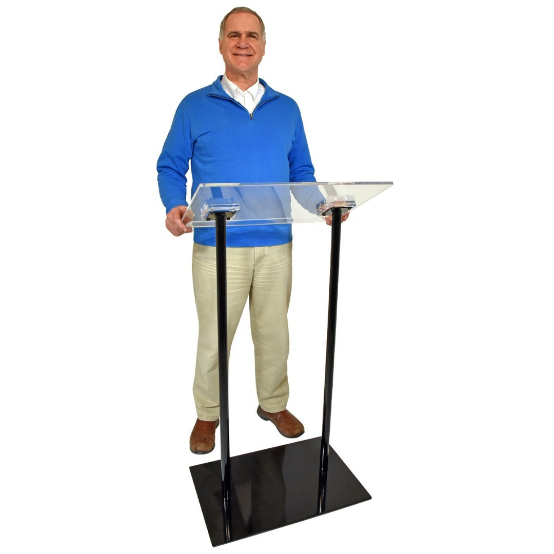 Acrylic-Top Podium on Double Black Columns, in use