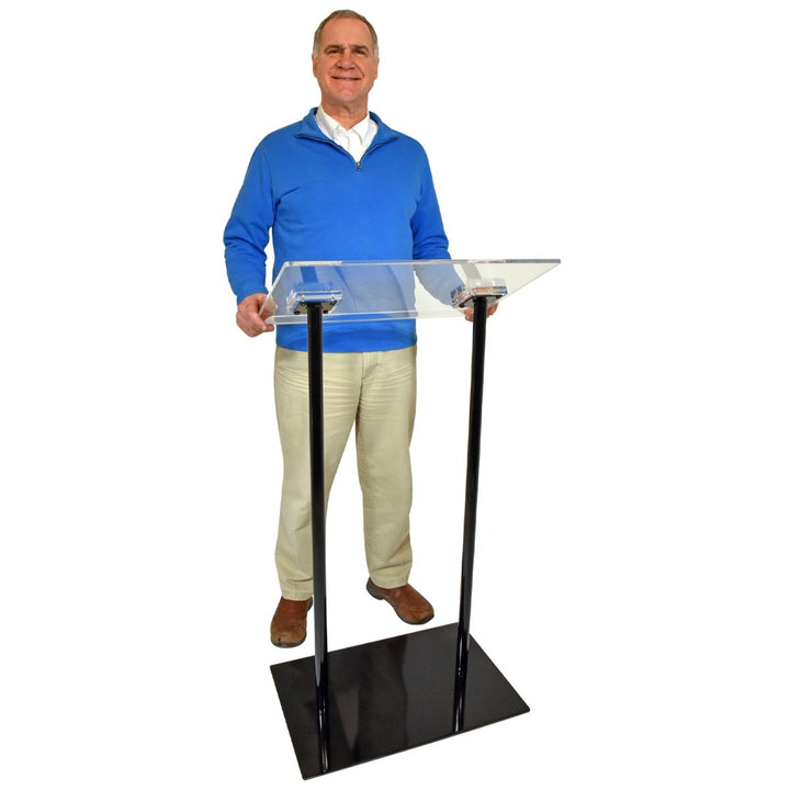 Acrylic-Top Podium on Double Black Columns, in use