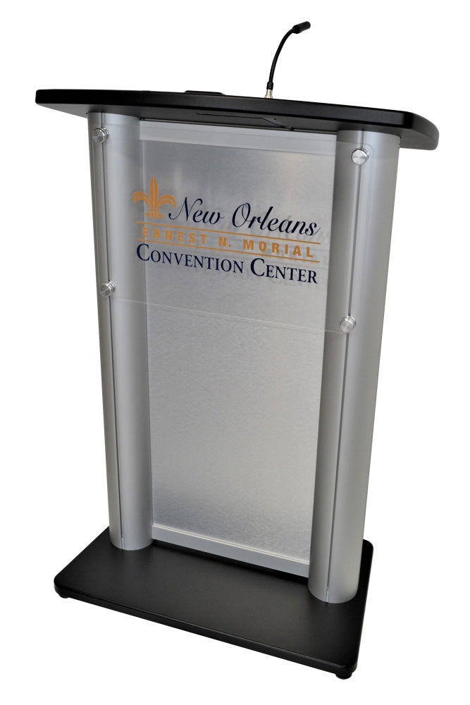 CS2 Wide Aluminum Column Lectern, front with logo backing