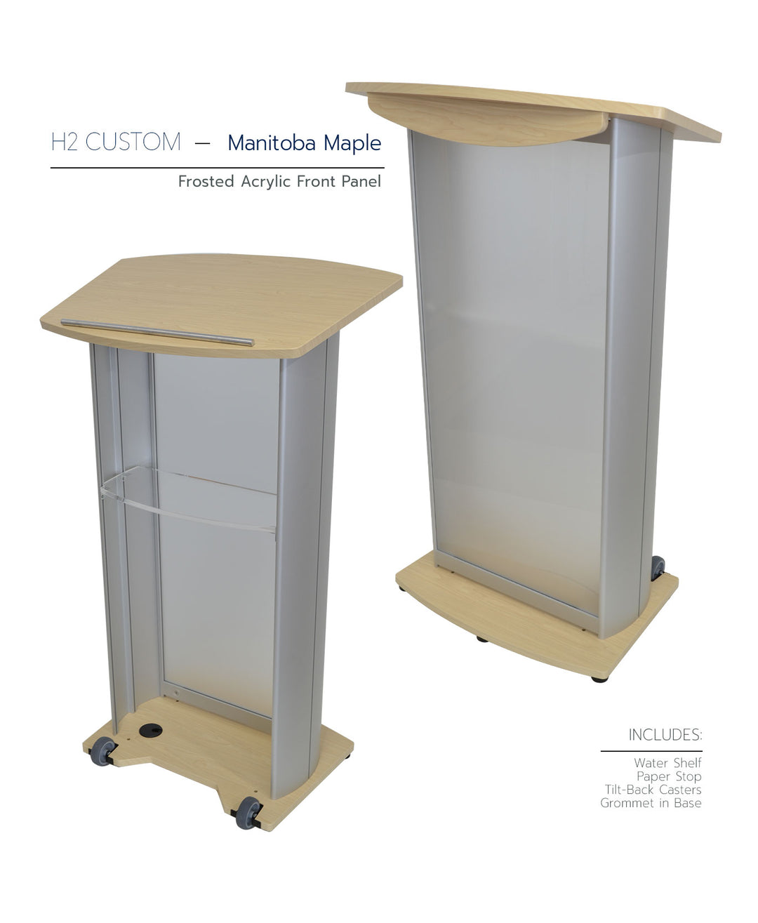 H2 Custom Aluminum Lectern, manitoba maple, frosted acrylic front panel