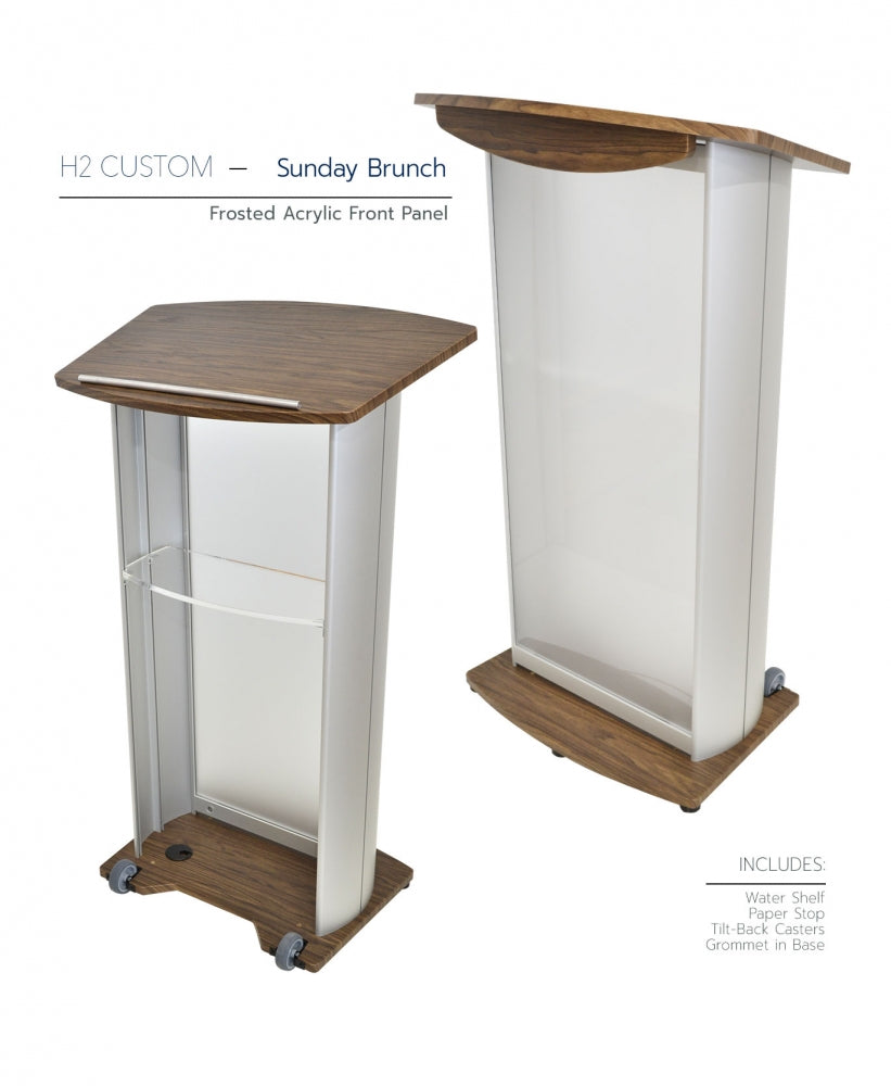 H2 Custom Aluminum Lectern, sunday brunch, frosted acrylic front panel