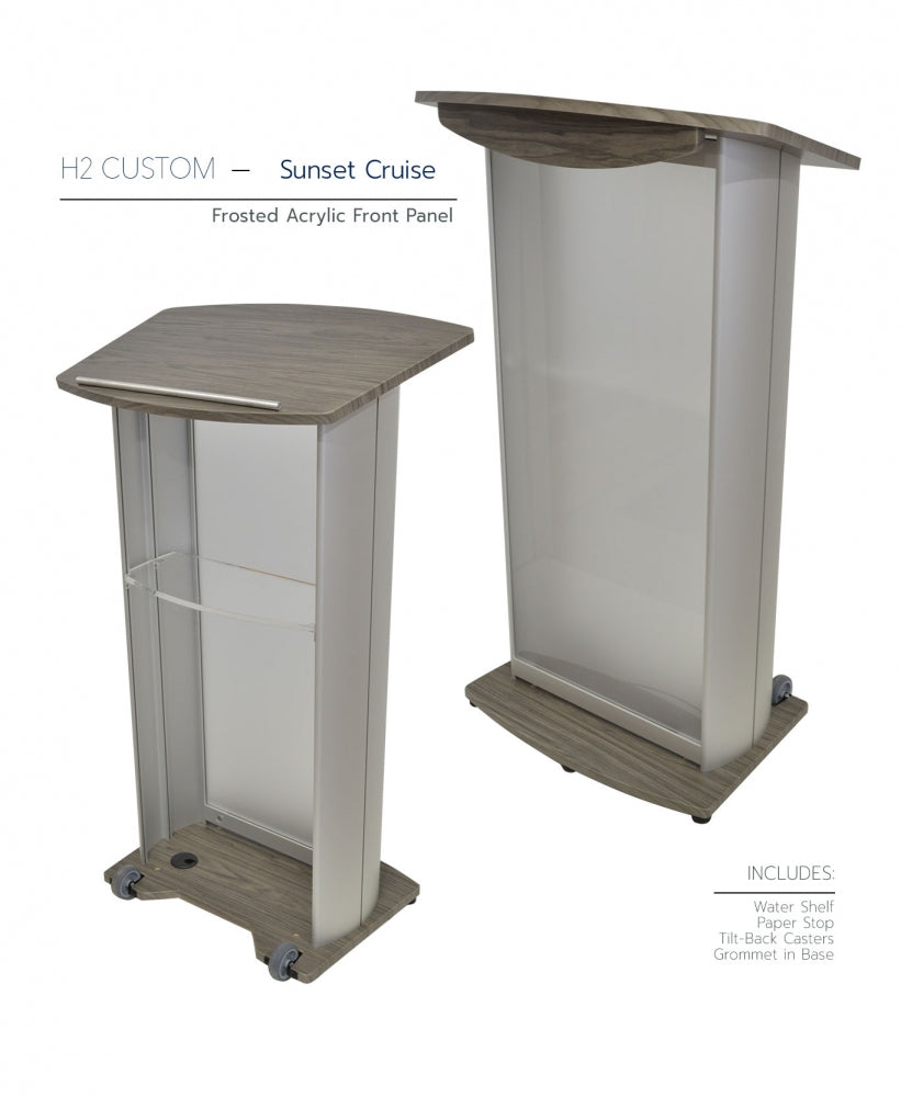 H2 Custom Aluminum Lectern, sunset cruise, frosted acrylic front panel