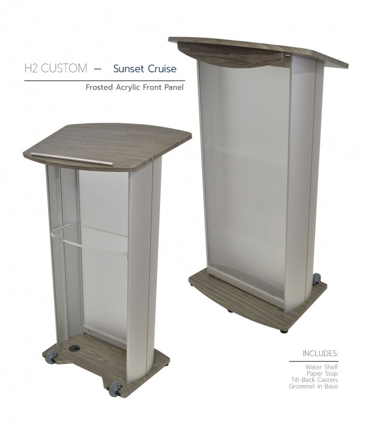 H2 Custom Aluminum Lectern, sunset cruise, frosted acrylic front panel