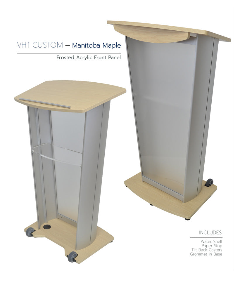 VH1 Custom Aluminum Lectern, maple, frosted acrylic front panel